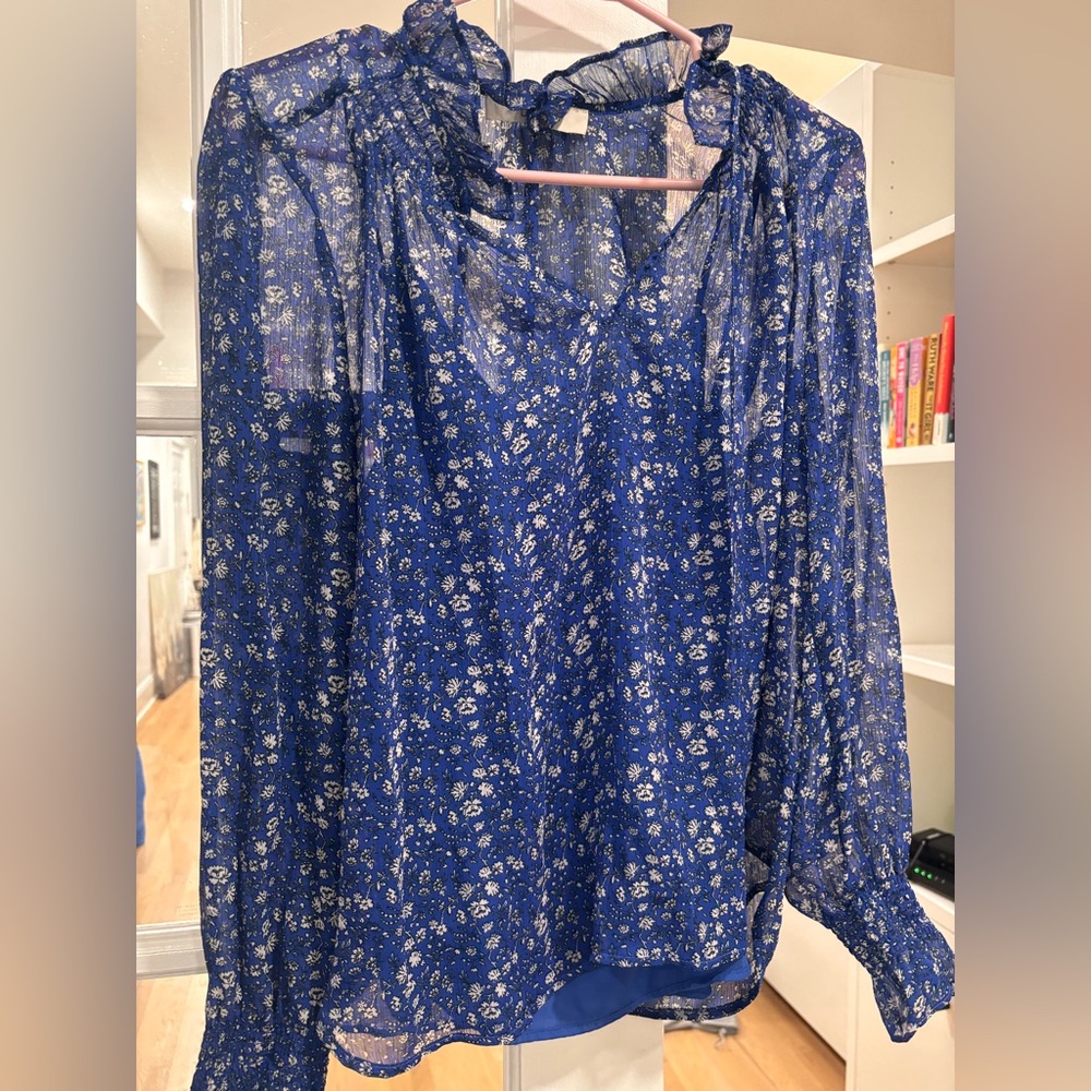 LOFT Blue Floral Sheer Blouse